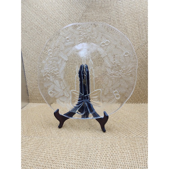 Clear Glass Christmas Platter Candles Bow Holly Design in 12.5" Cookie Desserts - Picture 1 of 6